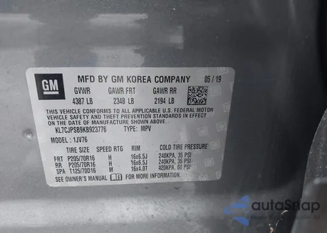 2019 Chevrolet Trax Lt from USA, damaged, VIN KL7CJPSB9KB923776